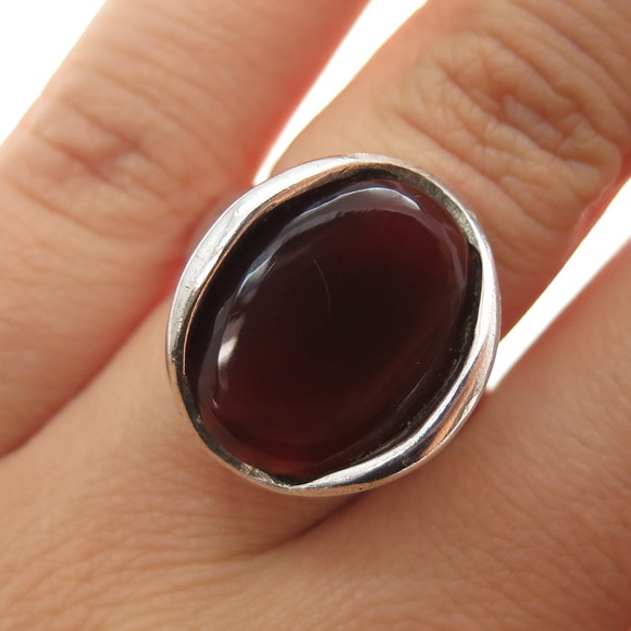 925 Sterling Silver Vintage Real Carnelian Modernist Oxidized Ring Size 6.5